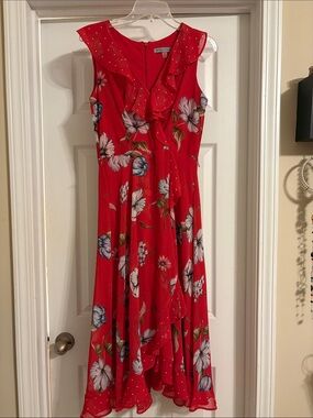 Danny & Nicole Red Floral Ruffle Midi Dress